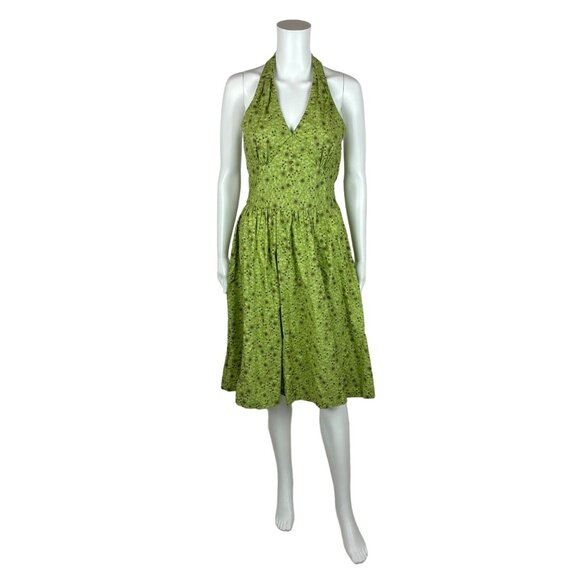 Vintage 50s Style Dress Women's XXS Atomic Starbursts Print Lime Gold Halter Sun - Picture 13 of 13